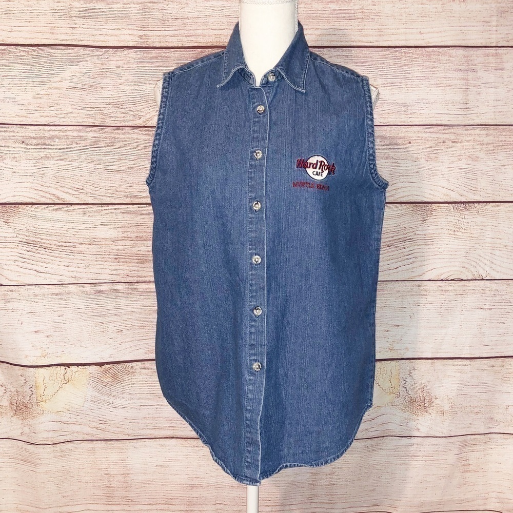 VintageHard Rock Cafe Myrtle Beach Sleeveless Denim Jean Shirt Size L